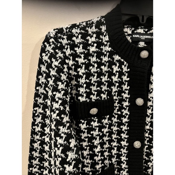 New KARL LAGERFELD Women’s Quiet Luxury Preppy Houndstooth Knit Blazer Sz XS - Picture 9 of 12
